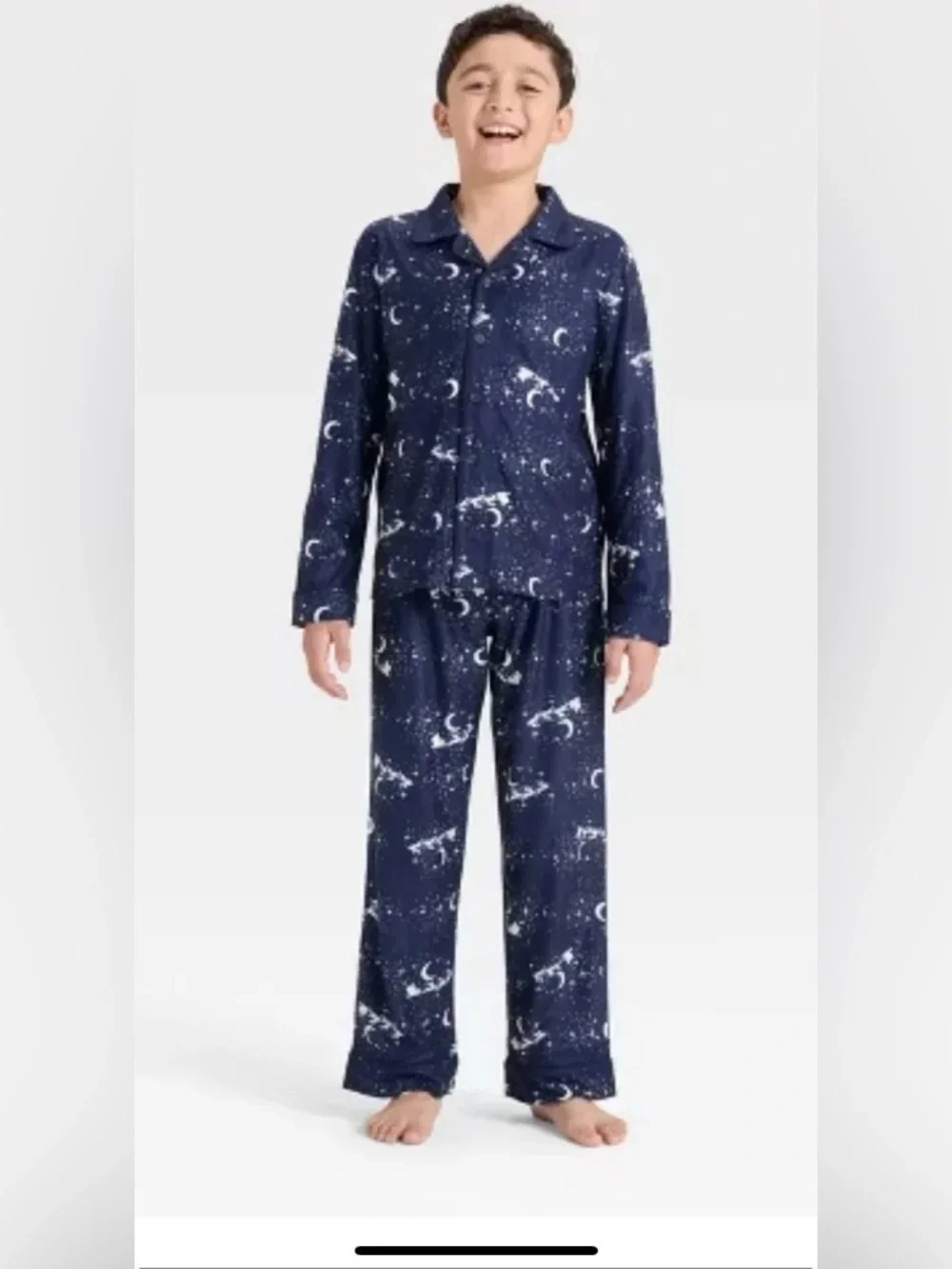 NWT Cat & Jack Blue Santa Sleigh Christmas Long Sleeve Flannel Pajama Set 10/12